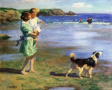 Mascotas y niños Painting - Edward Henry Potthast madre y niña con perro en Seaside pet kids